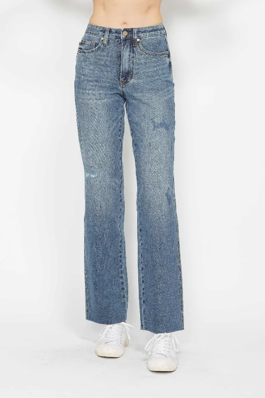 Light Wash Jeans for Casual -Judy Blue High Waist "Tummy Control" Raw Hem Straight Denim Jeans 88848