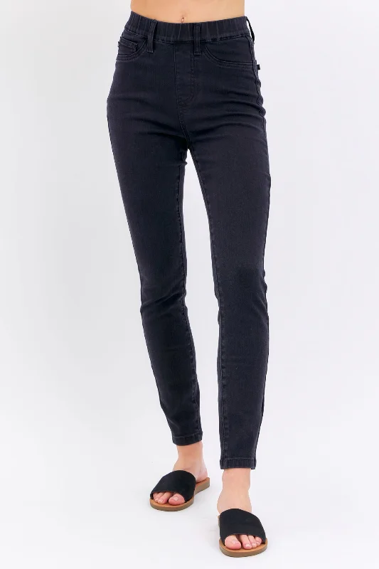 Travel Jeans for On-the-go -Judy Blue High Waist Pull-On Shield Pockets Black Skinny Denim Jeans 88581