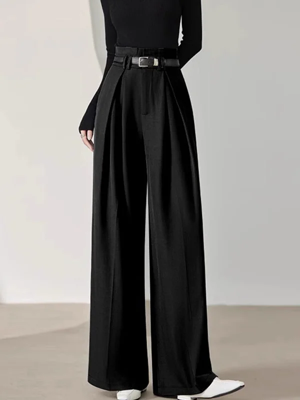 Relaxed cotton pants for breezy casual days -Solid Belted Pleated Trendy Wide Leg Pants