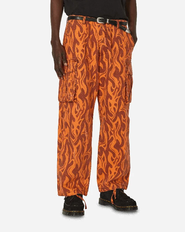 Lightweight linen pants for beach vacation style -Printed Flame Cargo Pants Orange