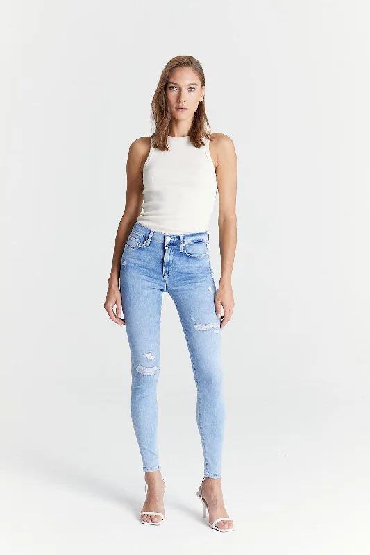 Embellished Back Pocket Jeans for Glamour -Sophia High Waist Reshape 5 Pocket Jeans Light Blue Destroyed