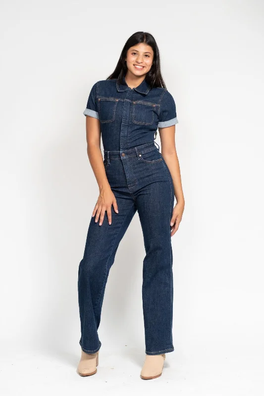 Carpenter Jeans for Function -Judy Blue High Waist Tummy Control Short Sleeve Straight Denim Jeans Jumpsuit 88835