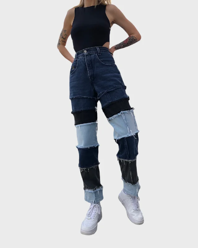 Athletic track pants for running training days -DENIM PATCHWORK PANTS