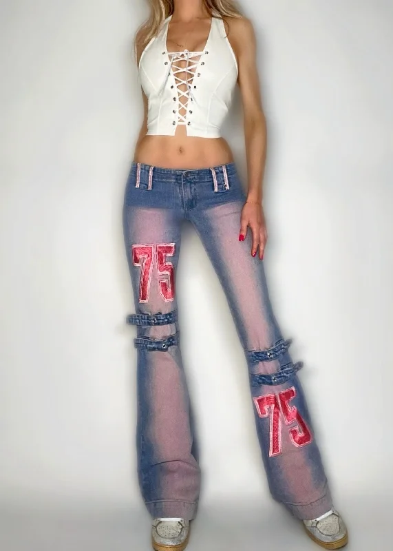 Lightweight travel pants for long flight comfort -Y2K Pink Embroidered Strappy Low-Rise Flared Pocketless Jeans – Size 4