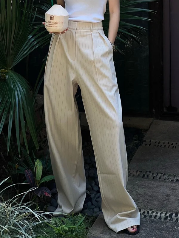 Lightweight culottes pants for summer fashion flair -BerryBetty - Effortless Pinstripe Pleated Wide Leg Dress Pants