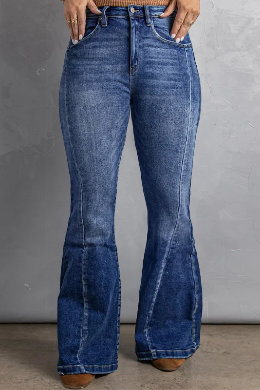 Weekend Jeans for Lazy -Dark Blue Plus Size Stitching Washed Flare Jeans