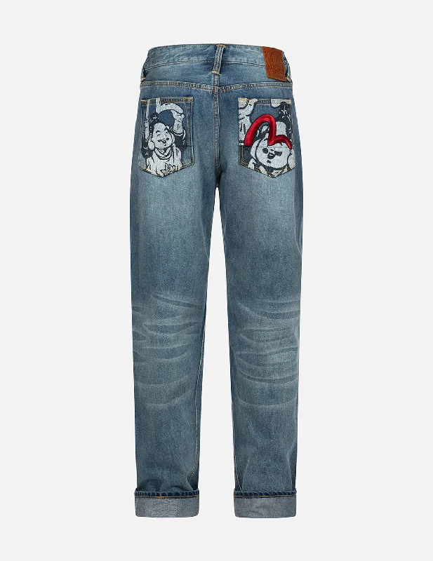 Travel Jeans for On-the-go -Playful Godhead Print and Seagull Embroidery 3D Fit Jeans