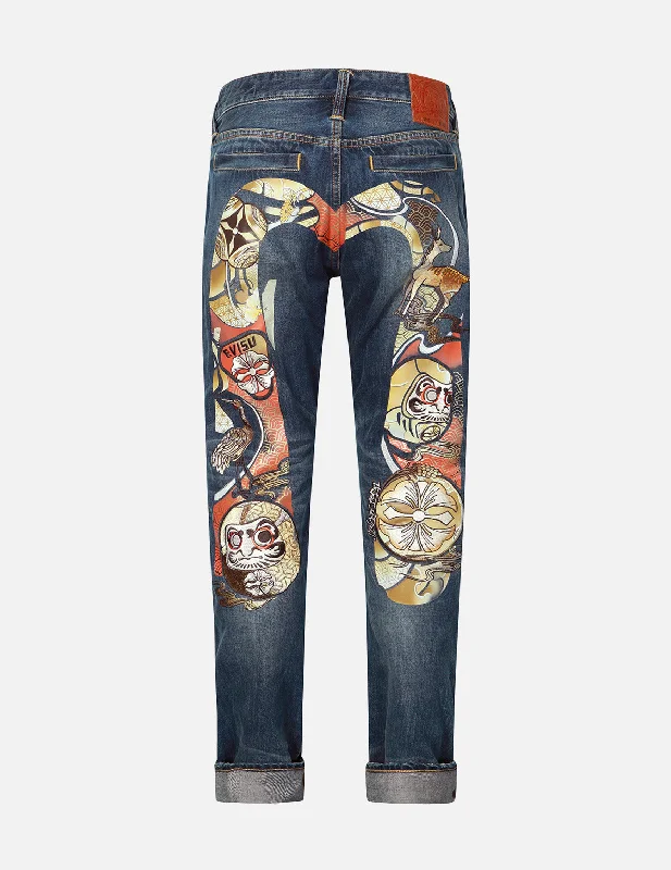 Patchwork Jeans for Bohemian -Hanafuda Daruma Daicock Embroidery Carrot Fit Denim Jeans #2017