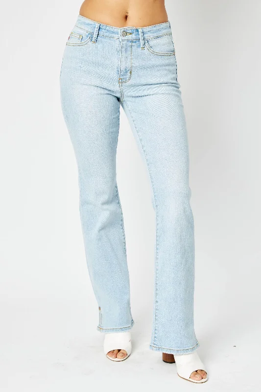 Metal Button Jeans for Classic -Judy Blue Mid Rise Side Slit Hem Bootcut Denim Jeans 82552