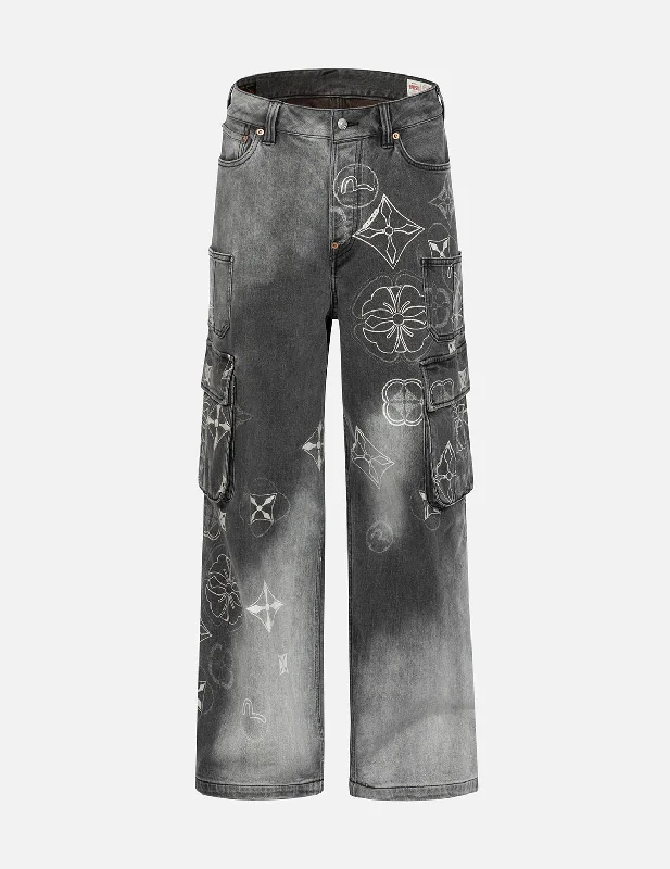 Carpenter Jeans for Function -Tie-Dye Kamon and Seagull Print Fashion Fit Cargo Jeans