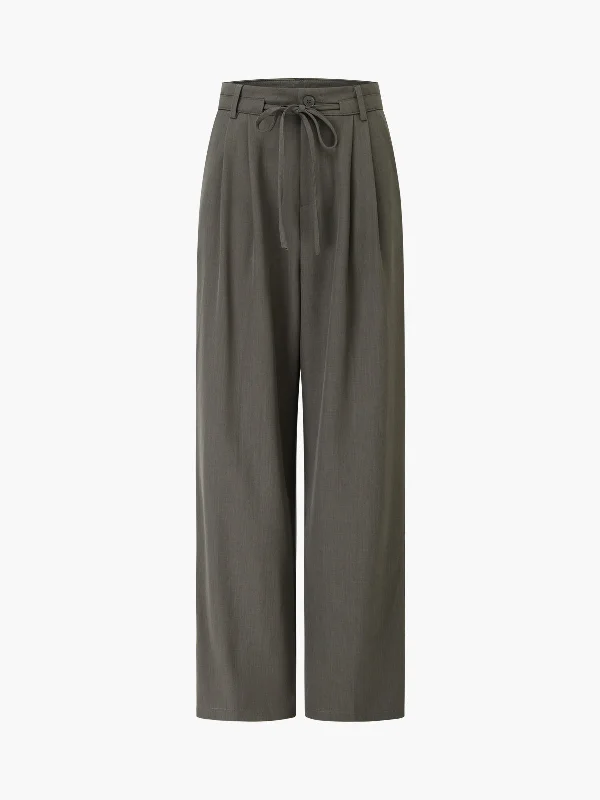 Flowy culottes pants for breezy summer style -BerryBetty - Tie Front Buttoned Straight Leg Dress Pants