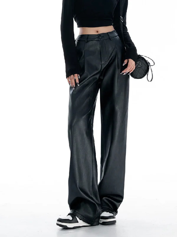 Soft stretch pants for all-day wear ease -BerryBetty - Comfort Club Faux Leather Straight Leg Pants