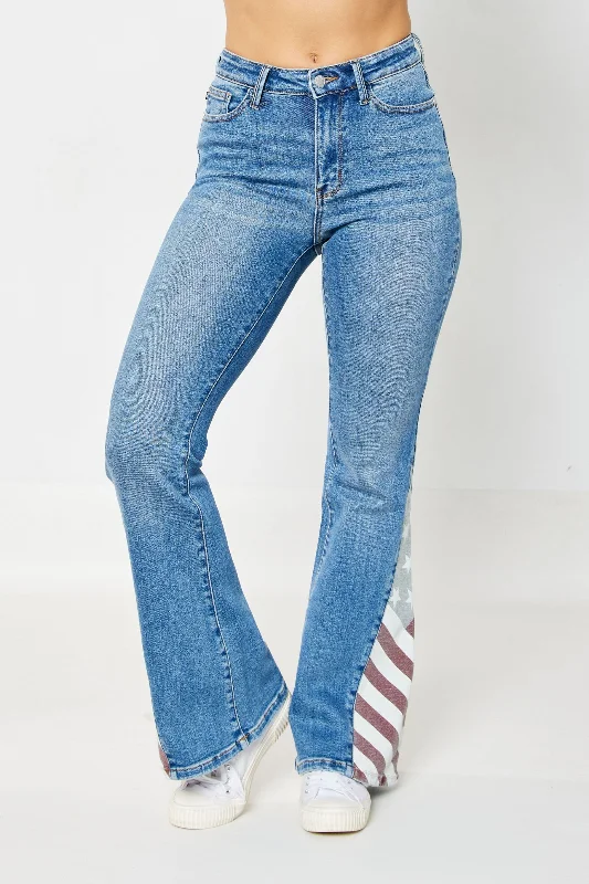 Bootcut Jeans for Flattering -Judy Blue High Waist American Flag Print Flare Denim Jeans 88659