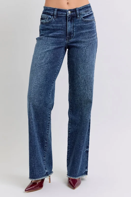 Pencil Skirt Jeans for Sophistication -Judy Blue Mid Rise Wide Leg w/ Tint Denim Jeans 82640