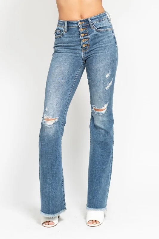 Belt Loops Jeans for Accessorizing -Judy Blue Mid Rise Button Fly Destroyed Fray Hem Flare Denim Jeans 82638