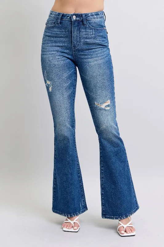 Stonewashed Jeans for Softness -Judy Blue High Waist Contrast Wash Destroy Flare Denim Jeans 88383