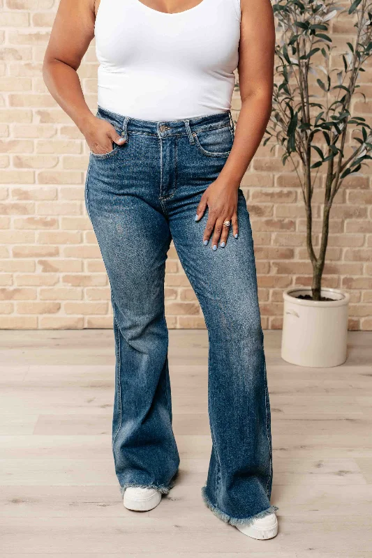 Frayed Hem Jeans for Edgy -Miley High Waist Control Top Frayed Hem Flare Jeans