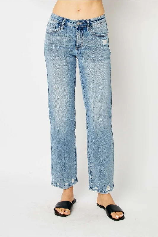 Sustainable Jeans for Eco -Judy Blue Mid Rise Medium Wash Destroy Straight Denim Jeans 88656