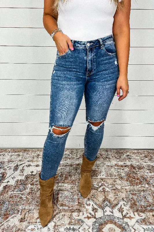 High-end Jeans for Exclusivity -The Brooke's - High Rise Knee Distressed Skinny Jeans