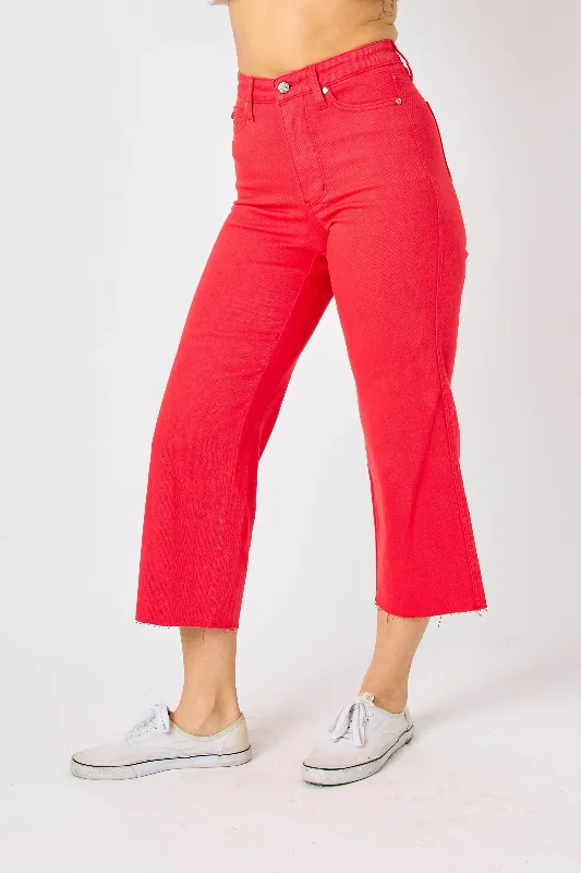 Stonewashed Jeans for Softness -Judy Blue High Waist Garment Dyed Red Tummy Control Wide Leg Crop Denim Jeans 88838