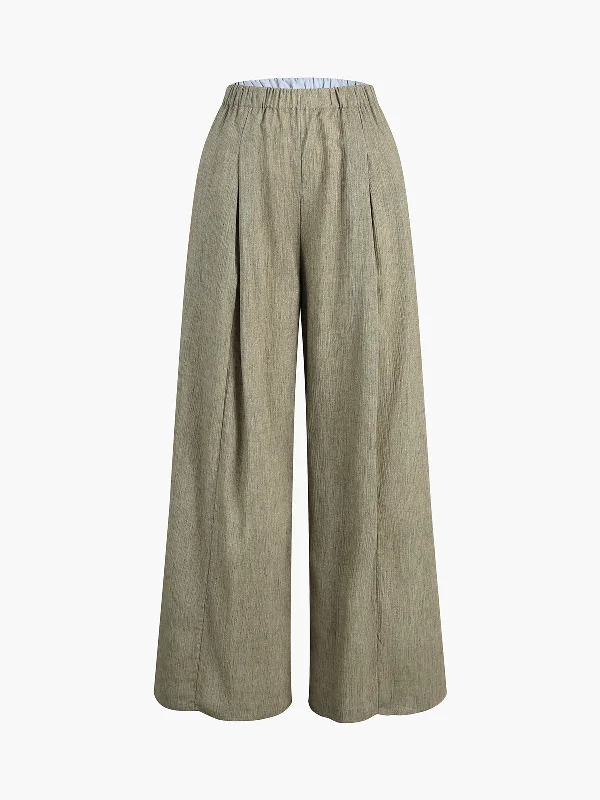 Stretch corduroy pants for cozy fall fashion -BerryBetty - Elastic Waistband Linen Wide Leg Pants