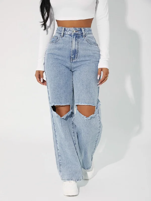 Flare Jeans for Retro Vibe -BerriesJam - High Waist Straight Hole In Knee Jeans