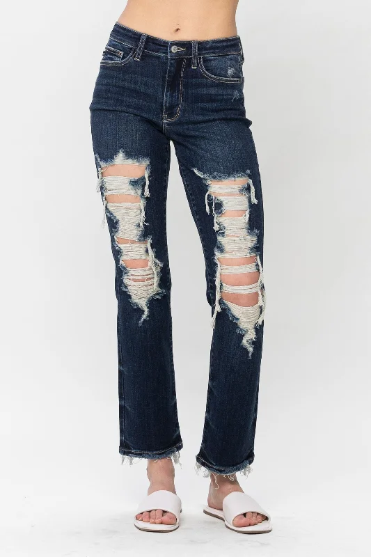 Affordable Jeans for Budget -Judy Blue Mid Rise Heavy Destroy Straight Denim Jeans 82534