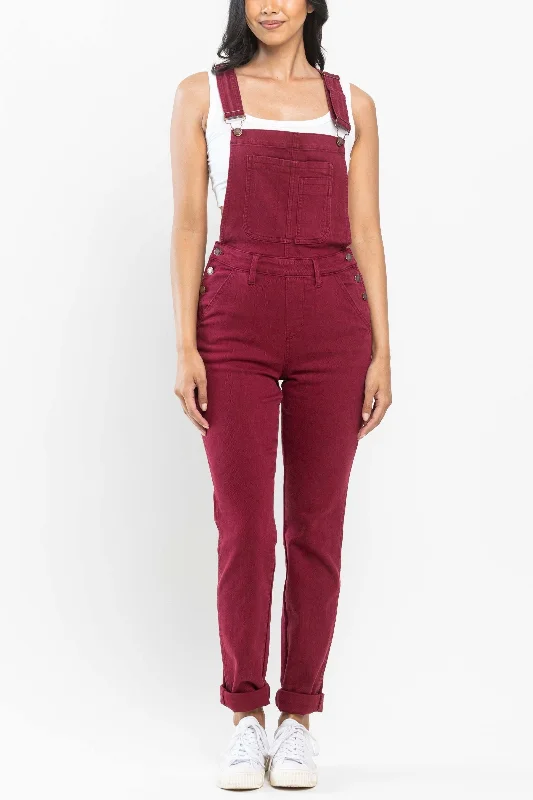 Painted Back Pocket Jeans for Artistic -Judy Blue High Waist Garment Dyed Maroon Double Cuff Boyfriend Overall Denim Jeans 88712