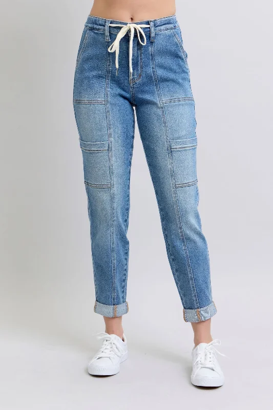 Patchwork Jeans for Bohemian -Judy Blue High Waist Cargo Cuff Jogger Denim Jeans 88909