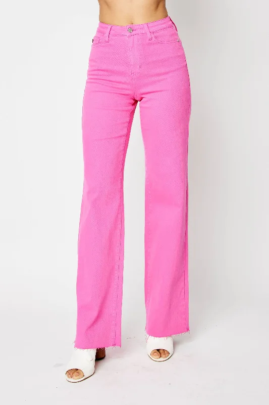 Designer Jeans for Luxury -Judy Blue High Waist Garment Dyed Hot Pink 90’s Straight Denim Jeans 88816