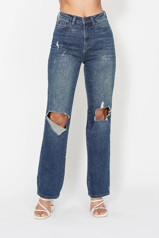 Leather Trim Jeans for Luxury -Judy Blue High Waist Knee Ripped Dad Denim Jeans 88680