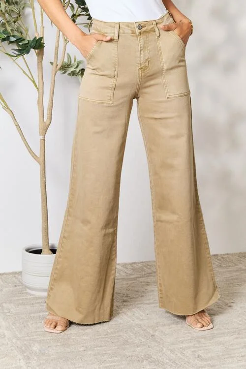 Father's Day Jeans for Present -BAYEAS Raw Hem Wide Leg  Khaki Jeans