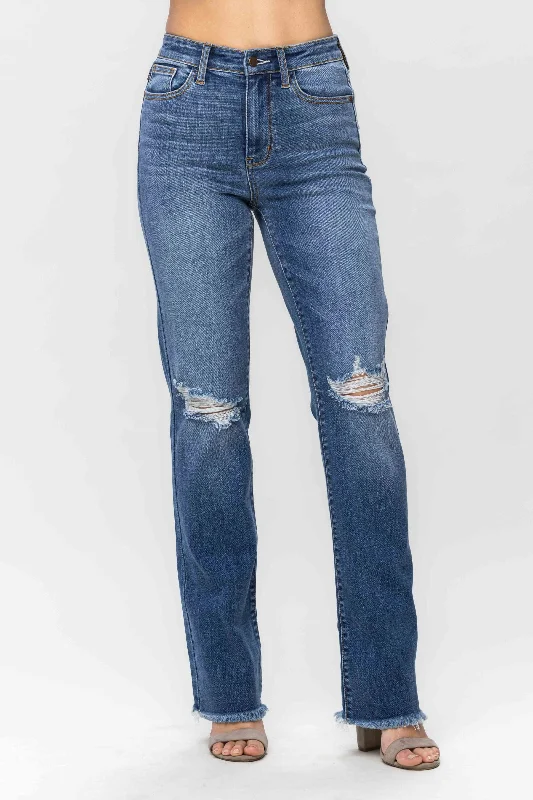 Faded Jeans for Laid-back -Judy Blue High Waist Knee Destroy & Fray Hem Straight Denim Jeans 82513 - Exclusive