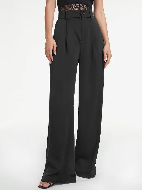 Windproof pants for chilly outdoor activities -BerryBetty - High Waisted Pleat Front Wide Leg Trousers