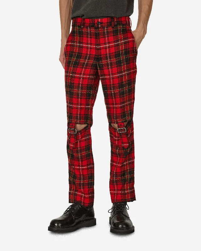 Warm flannel pants for chilly morning lounging -Tartan Knee Buckle Detail Pants Red