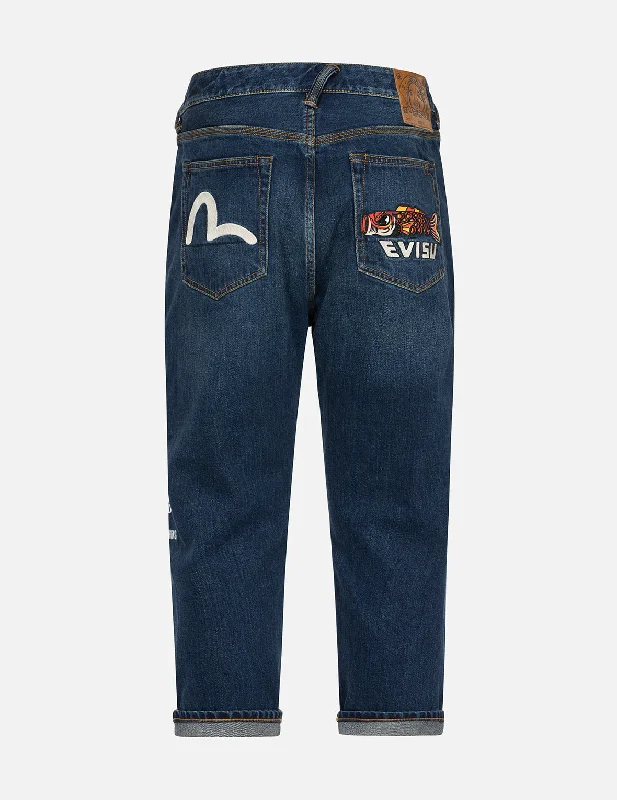 High-end Jeans for Exclusivity -Koinobori Print and Seagull Embroidery Cropped-Fit Jeans #2027