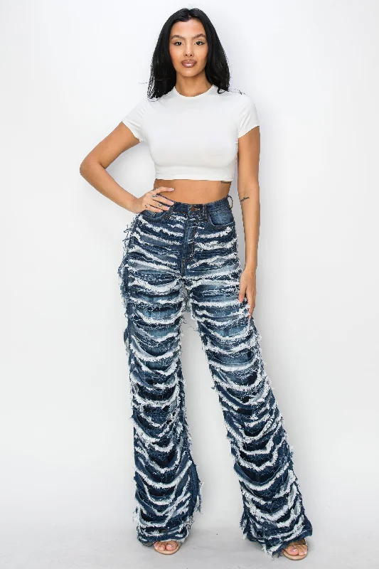 Dance Jeans for Movement -40793 High Rise Dual Layer Wide Leg Fringed and Frayed Jeans