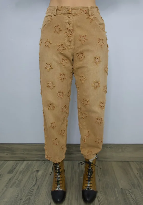 Versatile black pants for any occasion pairing -Tan Jeans with Red Star Accents