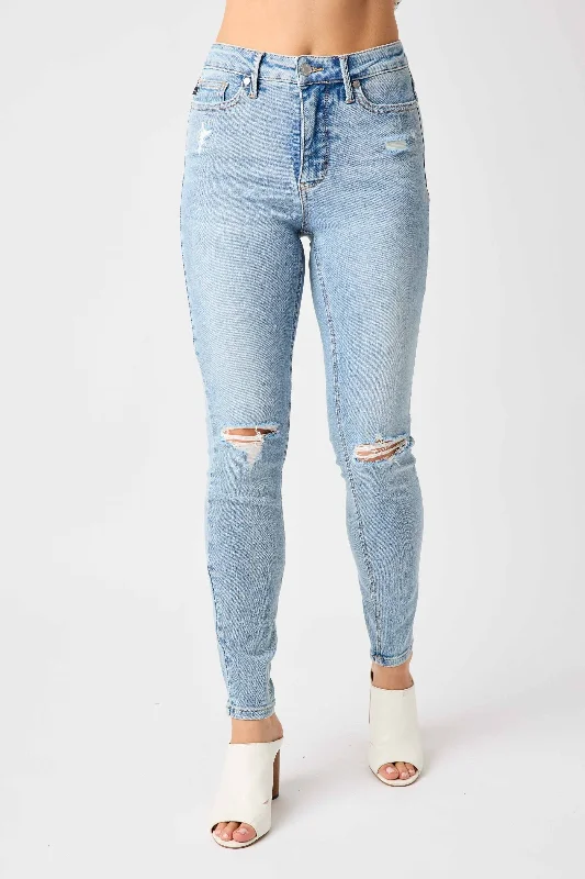 Raw Hem Jeans for Trendy -Judy Blue Mid Rise Tummy Control Destroy Skinny Denim Jeans 88797