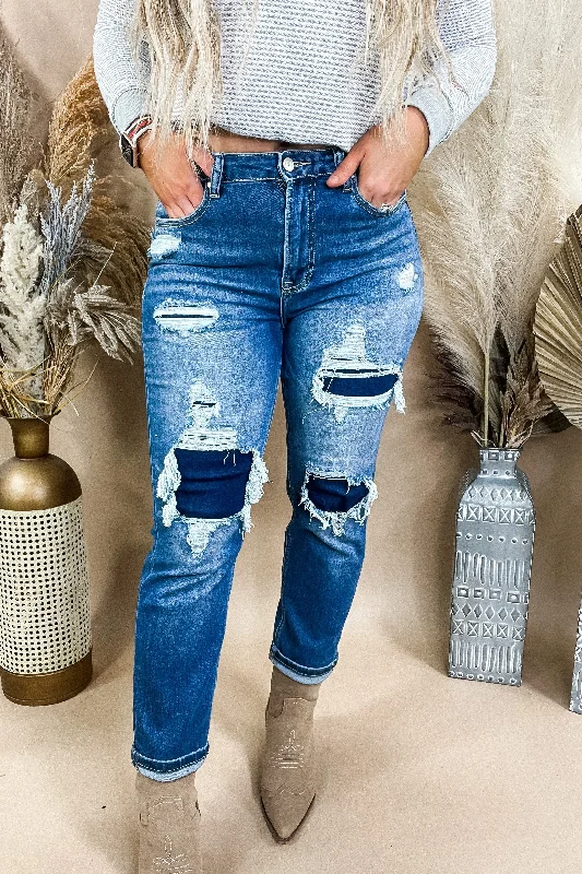 Blue Jeans for Everyday Wear -The Mariah's- High Rise Dark Wash Patched Straight Leg Jeans