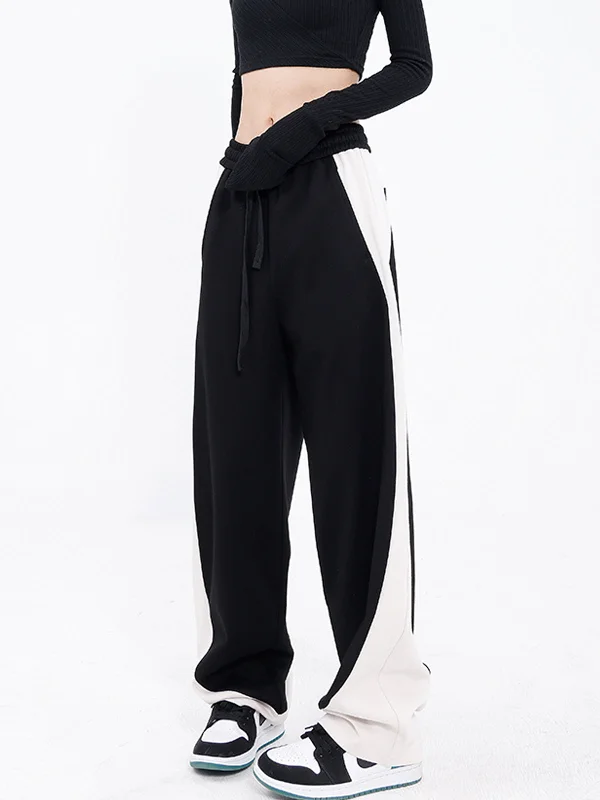 Cozy fleece pants for cold winter nights -BerryBetty - Drawstring Two Tone Baggy Wide Leg Pants