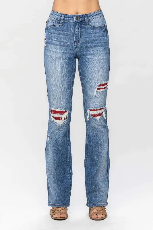 Frayed Hem Jeans for Edgy -Judy Blue Mid Rise Plaid Patch Detail Bootcut Denim Jeans 88696