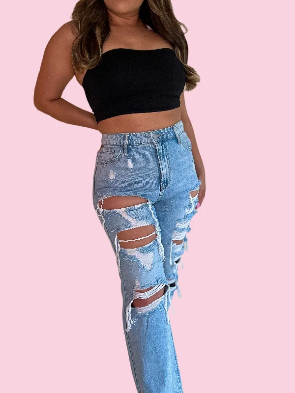 Outdoor Jeans for Adventures -HIGH RISE DISTRESSED STRAIGHT JEANS - 5221