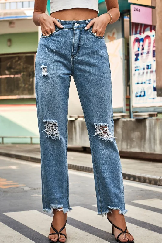 Dark Wash Jeans for Elegance -Distressed Buttoned Loose Fit Jeans