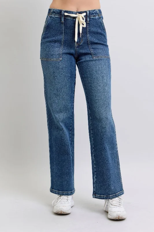 Bermuda Shorts Jeans for Modesty -Judy Blue High Waist Drawstring Wide Leg Denim Jeans 88856