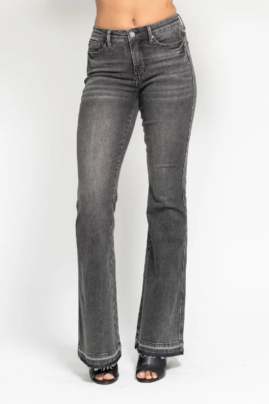 Cargo Jeans for Utility -Judy Blue Mid Rise Tummy Control Washed Gray Release Hem Flare Denim Jeans 88880