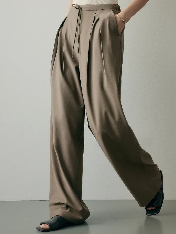 Elegant satin pants for formal dinner attire -BerryBetty - Always Neutral Pleat Wide Leg Pants