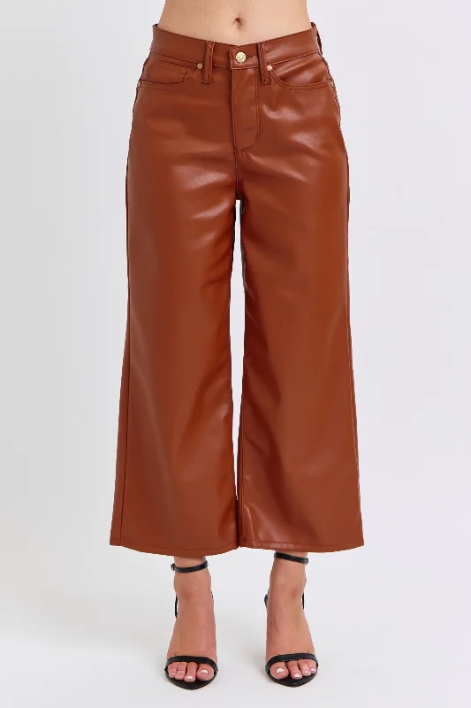 Tapered Jeans for Modern -Judy Blue High Waist Tummy Control Camel Faux Leather Wide Leg Crop Denim Jeans 88900