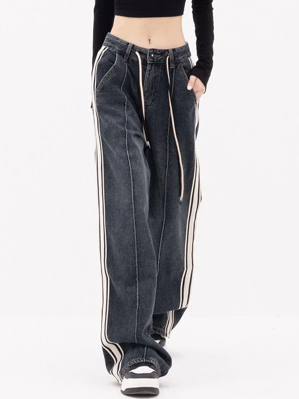 Casual drawstring pants for effortless home relaxation -BerryBetty - Patchwork Denim Baggy Wide Leg Pants