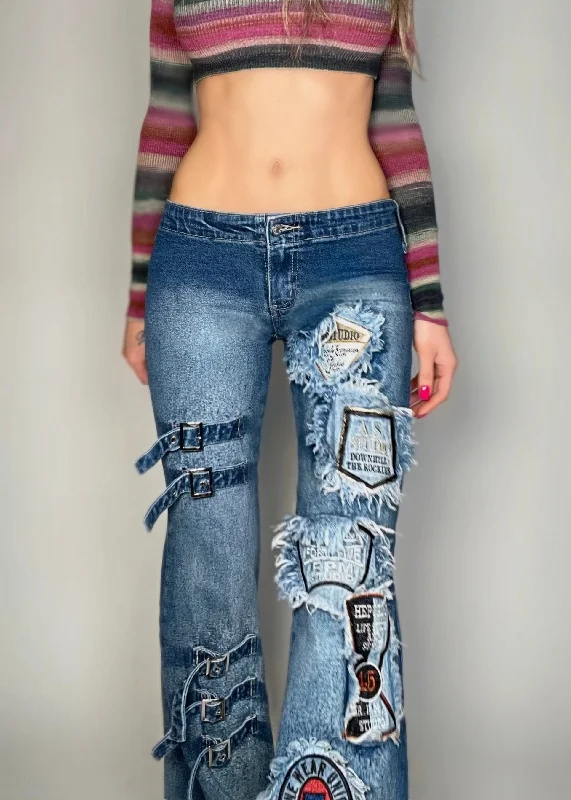 Vintage denim pants for timeless rugged style -Y2K Patchwork Strappy Low-Rise Flared Pocketless Jeans – Size 4